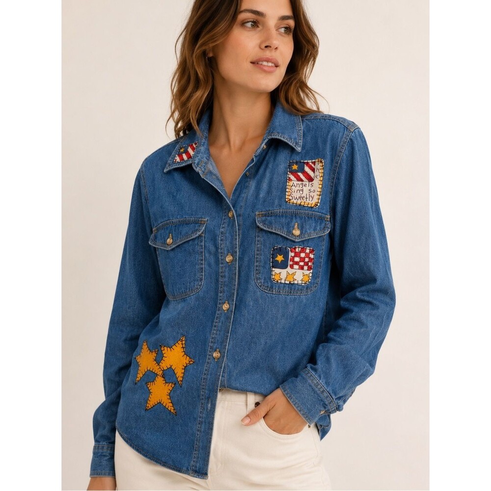 Miss Juli Vintage Button Down USA Angels Teacher Denim Chambray Shirt Size M